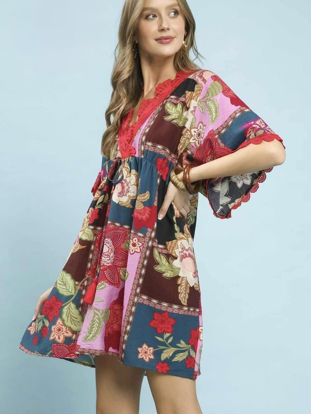 Umgee Abstract Boho Floral Lace Trim Short Dress in Pink, Teal & Burgundy